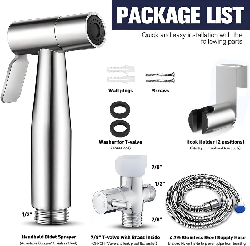 Pugrwei 【New Version】Handheld Bidet Sprayer for Toilet, Premium Stainless Steel Bathroom Bidet Sprayer Set, (Stainless Steel) (Brushed) (Control Value)