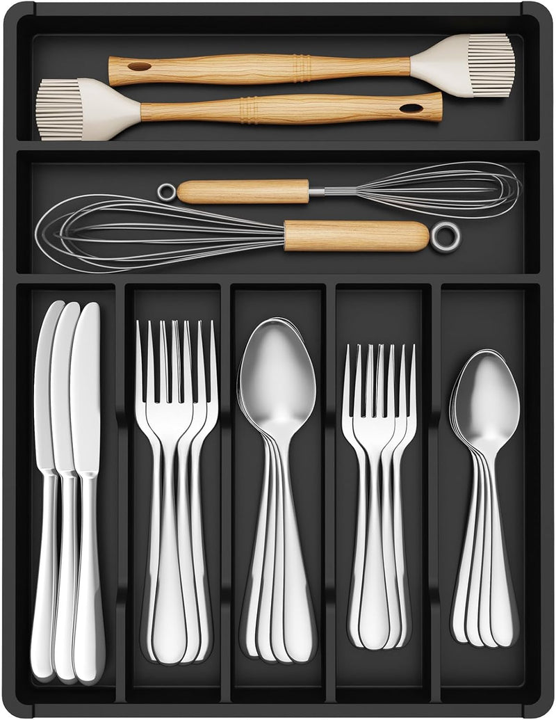 Silverware Drawer Organizer Tray, Plastic Cutlery Storage for Kitchen, Flatware and Utensil Holder Divider for Spoons Forks Knives Tableware, 9.1 x 12.6", 5 Slots, Black - black 7 Slots (12.3"W x 16"D)