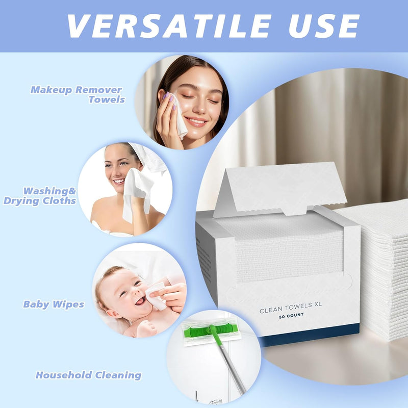 Pack of 50 Clean Towels, XL Soft Disposable Towels for Sensitive Skin, 26 x 30 cm, Make-Up Removal, Baby Wipes