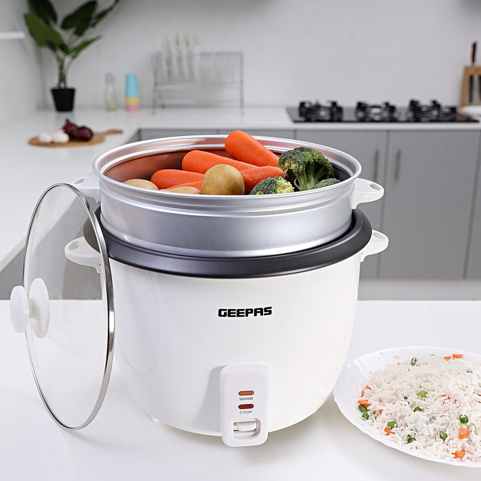 Geepas Electric Rice Cooker- GRC4327| 2.8 L Capacity with Non-Stick Inner Pot and Toughened Glass Lid| Includes Cook, Steam, and Warm Functions| 900 W, White Powder Coated Housing White