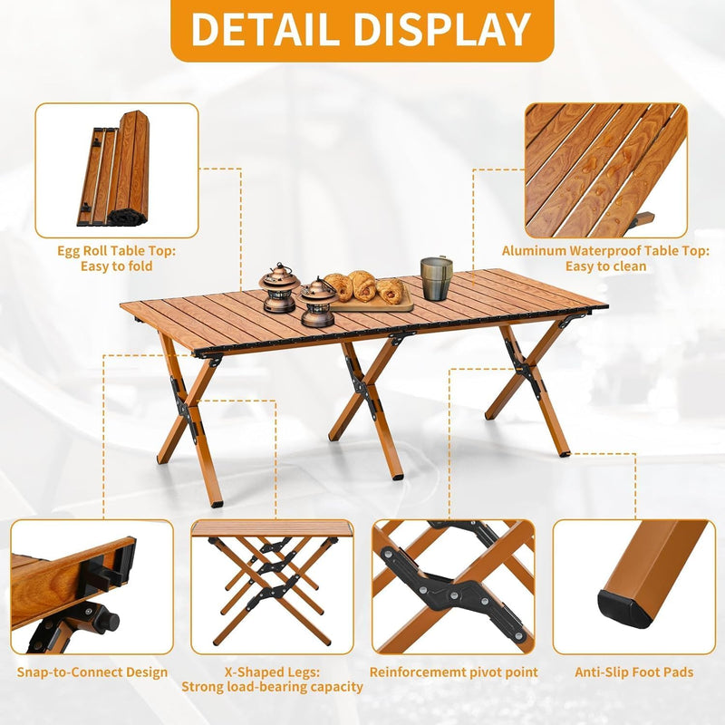 GO2CAMPS Foldable Roll-Up Camping Table with Carry Bag 120 x 120 x 45 cm Durable, Lightweight Portable Aluminum Outdoor Folding Table for Camping, Picnic, Hiking, BBQ, Beach, Trip, Travel