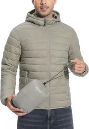 Men's Lightweight Hooded Thermal Insulated Padded Jacket for Running, Travel - Khaki