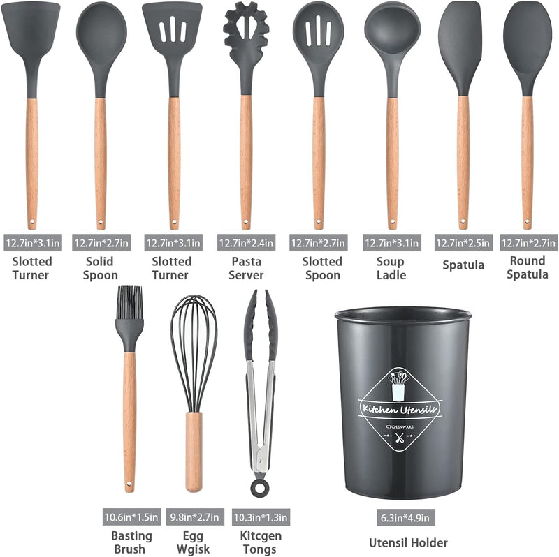 AWH ICVKRJ 12 Pcs Silicone Cooking Utensils Kitchen Utensil Set - 446F Heat Resistant,Turner Tongs, Spatula, Spoon, Brush, Whisk, Wooden Handle Gray Kitchen Gadgets with Holder for Nonstick Cookware