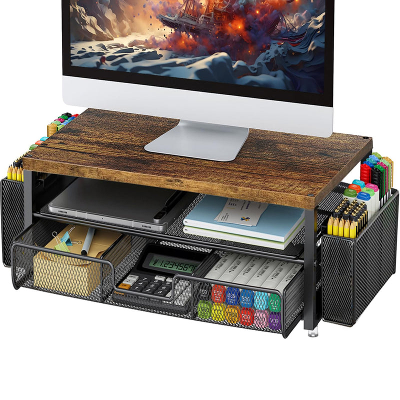 gianotter Monitor Stand Riser, Desk Organizer with Drawer and Pen Holder, 2-Tier Computer Stand, Office Desk Accessories, Office Organization (Wood)