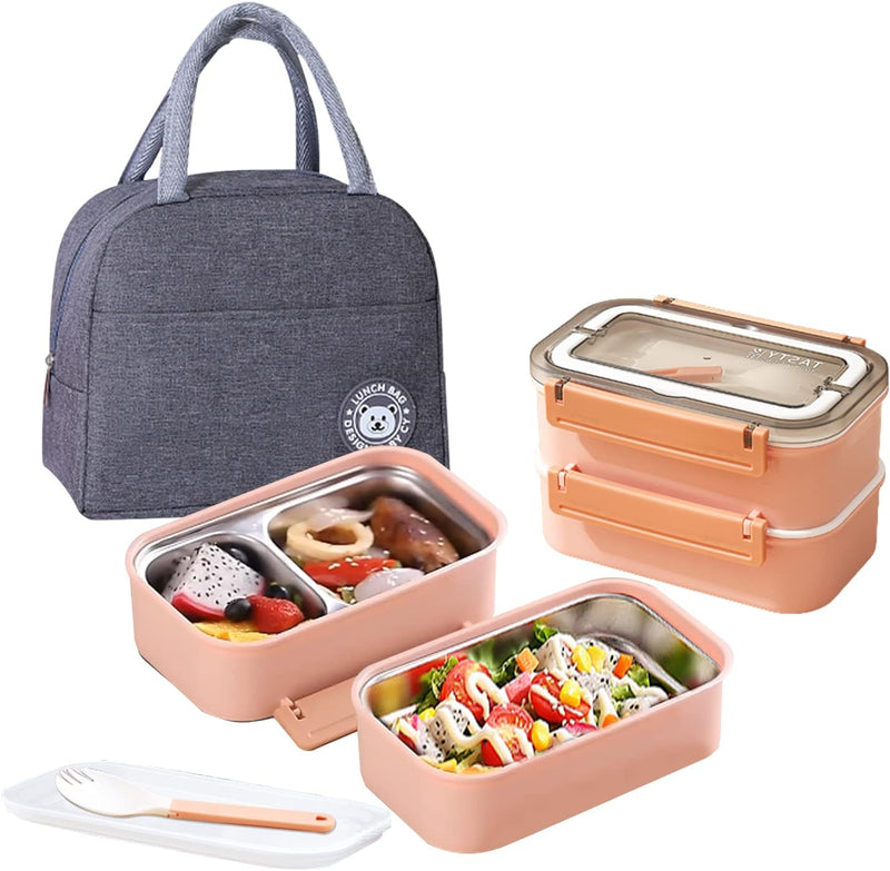 TAPIT Stainless Steel Lunch Box - Insulated Bento Box Multifunctional Containers Food Containers with 2 Compartments,Tableware, Nylon insulation bag (Grey) - 1.6L Pink