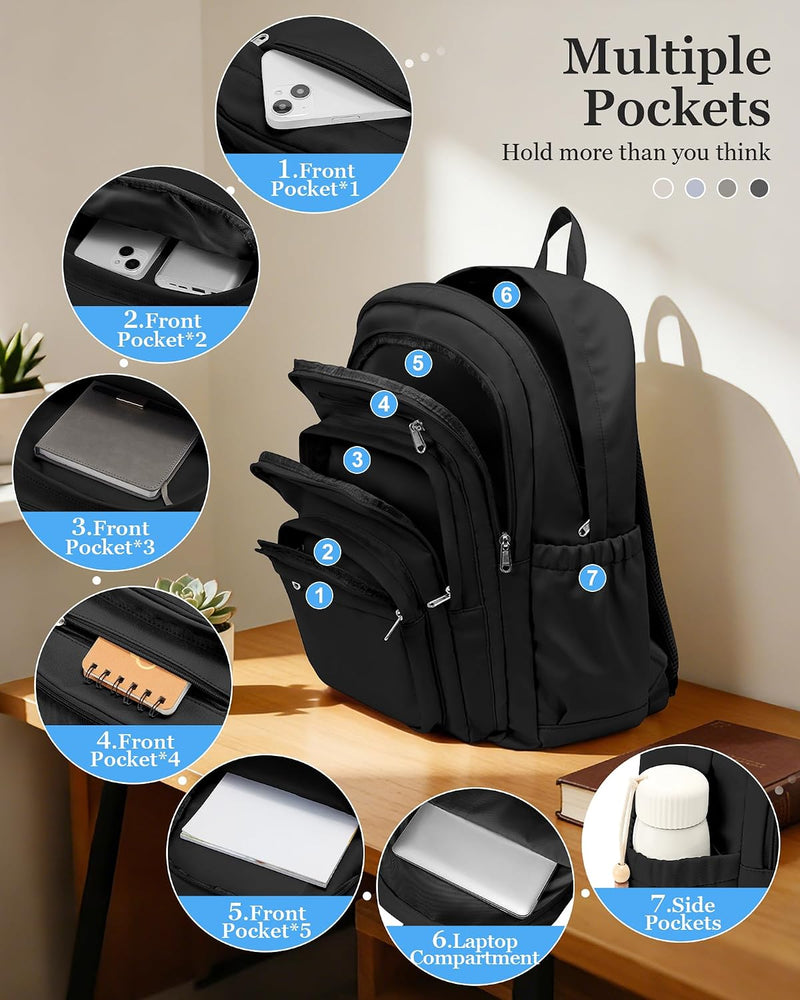 WEPOET Backpack Women Men School Backpack Large with Many Compartments Waterproof Backpack Lightweight for School Backpack Teenager Daypacks Backpack for Boys Girls, A1 black, Rucksack Backpacks