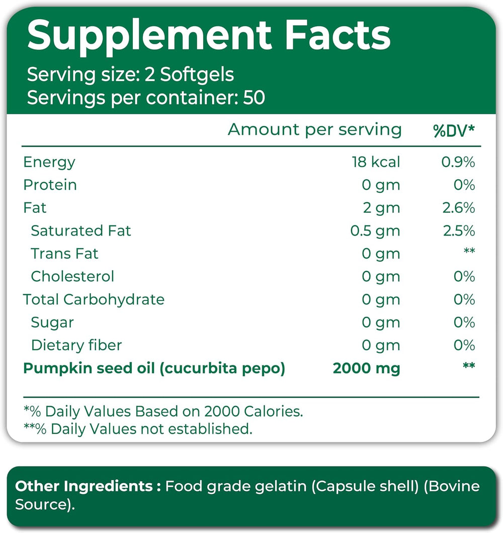 Pumpkin Seed 2000mg 100 Softgels Promotes Healthy Prostate & Bladder Function Supports Cardiovascular Health Naturally Herbal Supplement Vitality & Overall Mens Wellbeing