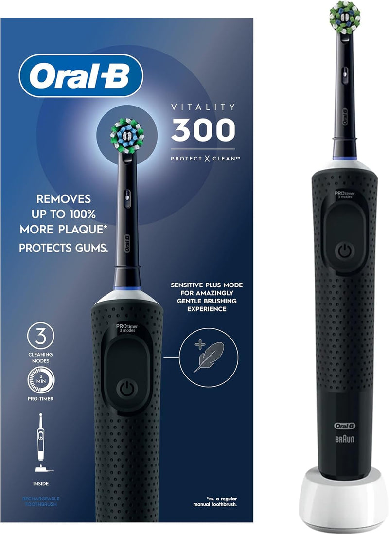 Oral-B Vitality D100 Black and White 1+1 Free Bundle Electric Rechargeable Toothbrush, 2 Minutes Timer, Cross Action Brush Head, with UAE 3 pin plug - Vitality 300 Black