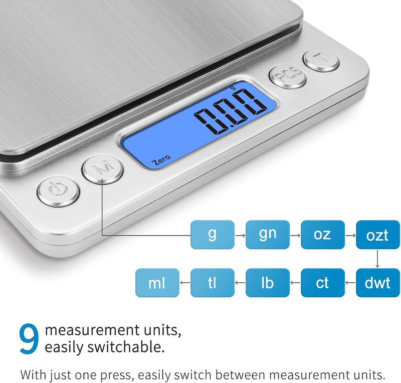 toprime Digital Kitchen Scale, Mini/Pocket Scale, 500g 0.01g High Precision Gram Micro Food Jewelry Scale with Platform, LCD Display, Tare and PCS Features
