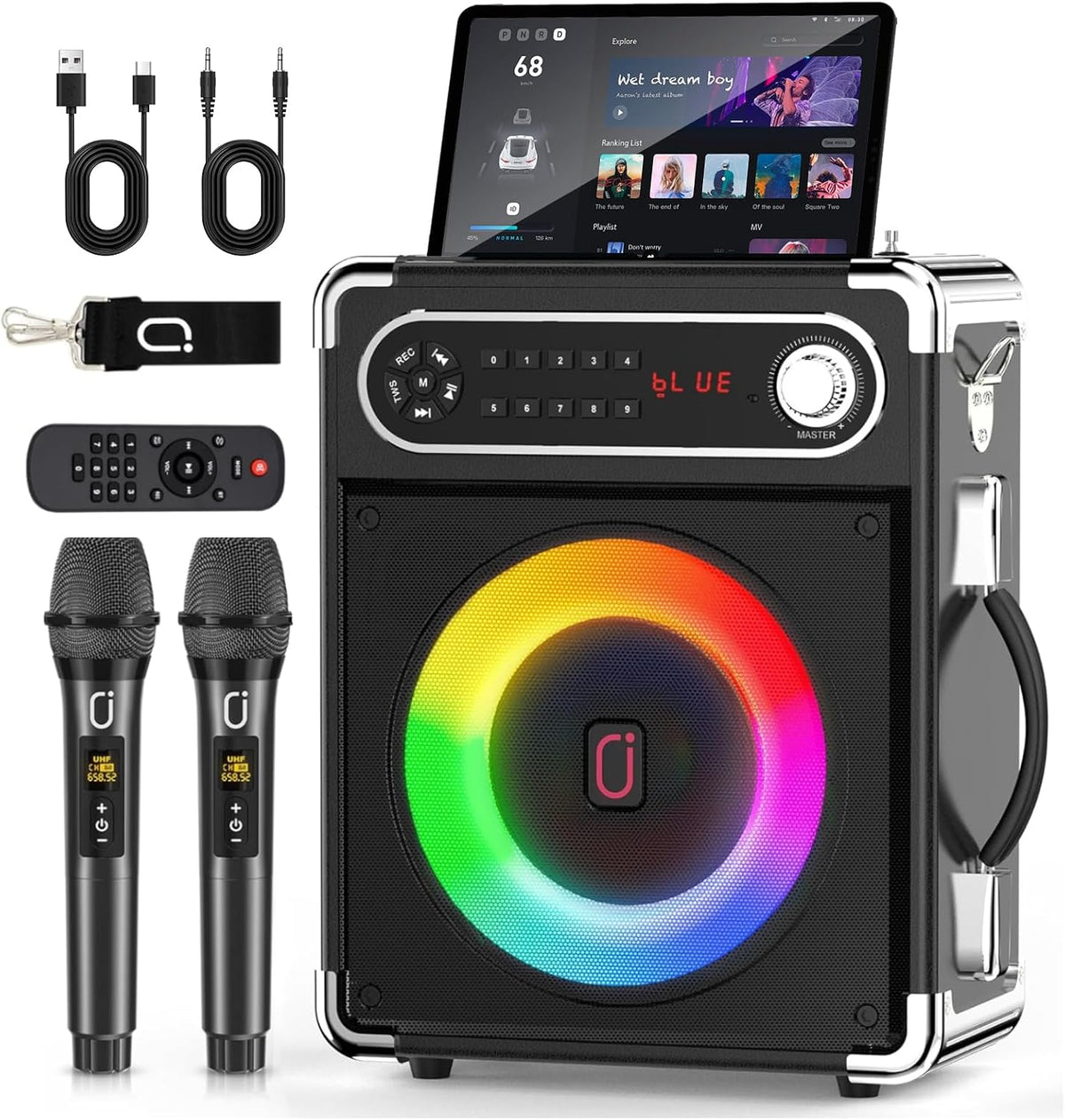 Karaoke Machine with Two Wireless Microphones, Portable Bluetooth Speaker with Bass/Treble Adjustment, PA System with Remote Control, LED Lights,Supports TF Card/USB, AUX IN, FM, REC,TWS for Party – image 1