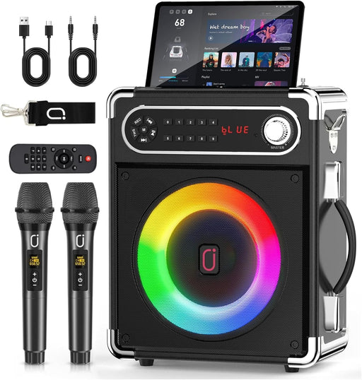 Karaoke Machine with Two Wireless Microphones, Portable Bluetooth Speaker with Bass/Treble Adjustment, PA System with Remote Control, LED Lights,Supports TF Card/USB, AUX IN, FM, REC,TWS for Party - black