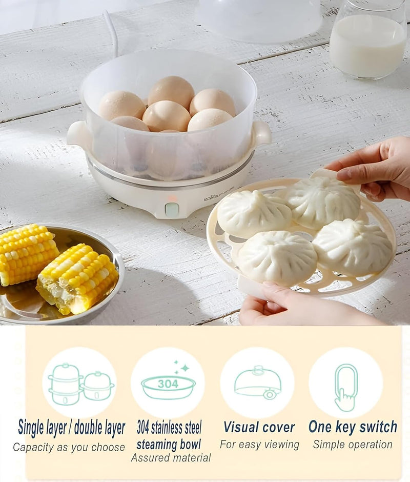 Bear Double Layer Electric Egg Steamer Boiler - 14 Egg Capacity Multifunction Breakfast Baby Food Steamer, Eggs And Vegetables Steamer -1 year warranty