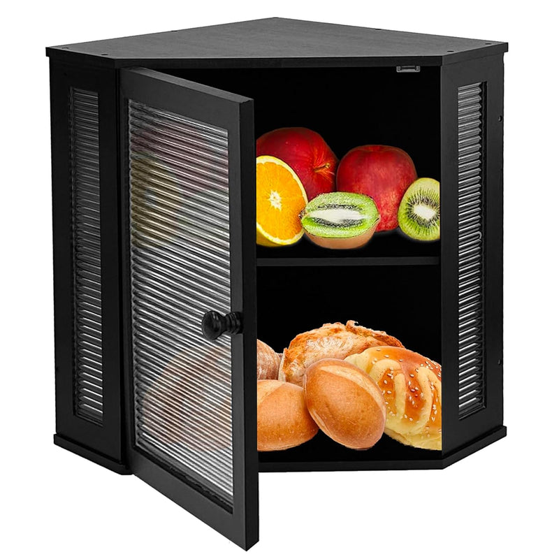 NewEle Extra Large Corner Bread Box - Bamboo Bread Box for Kitchen Countertops, Large Capacity Kitchen Bread Storage and Organizer with Corrugated Acrylic Wavy Window (Black)