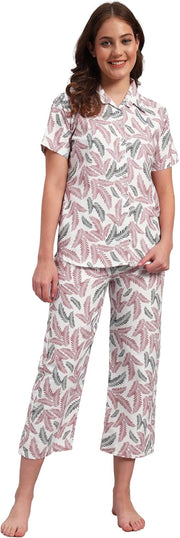 Womens Cotton Night Wear half sleeve button down collared shirt & Pyjama Set Sleepwear Night suit lounge wear - White