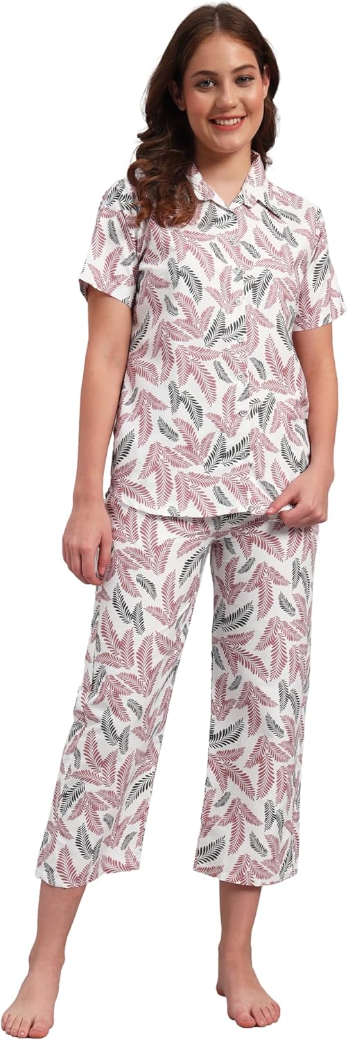 Womens Cotton Night Wear half sleeve button down collared shirt & Pyjama Set Sleepwear Night suit lounge wear - White