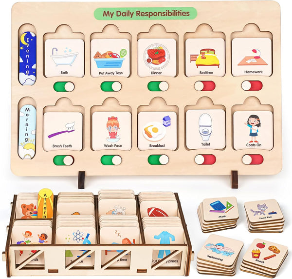 Wooden Visual Schedule for Kids Chore Chart, Morning Bedtime Routine Charts for Kids Toddlers, autism learning materials&Daily Schedule Board for home