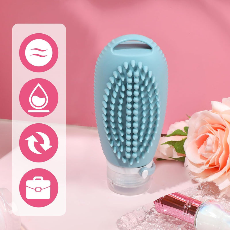 Silicone Travel Bottles for Toiletries, 3oz Travel Toiletry Bottles With Brush Leak Proof Strap, BPA Free Leak Proof Squeezable, TSA Approved for Shampoo Conditioner 2 Pieces, Pink & Blue