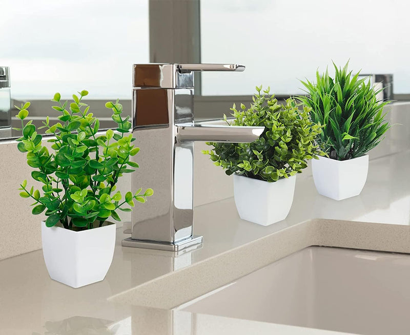 Dekorly Artificial Potted Plants, 8 Pack Artificial Plastic Eucalyptus Plants Small Indoor Potted Houseplants, Small Faux Plants for Home Decor Bathroom Office Farmhouse (Set 0F 8)