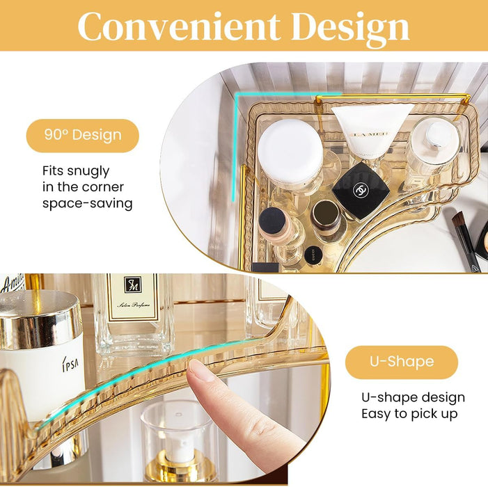 HANNEA® Makeup Organizer, 3 Tier Countertop Cosmetic Shelf Skincare Organizer Stand Corner Counter Storage Holder Clear Acrylic Vanity & Bathroom Organizer Capacity for Lotion, Jewelry, Makeup