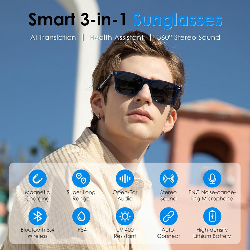 GetD AI Glasses, AI Assistant Powered by ChatGPT, Smart Glasses, Polarised Sunglasses, Bluetooth Smart Sunglasses for Men and Women, 2-in-1 Headphones and Glasses