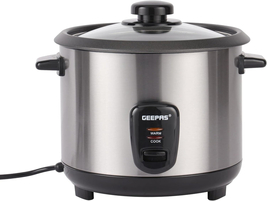 Geepas 1.8 L Multifunctional Rice Cooker- GRC35041| Durable Construction with Removable and Non-Stick Inner Pot with Cool Touch Handle|Aluminum Outer Steamer and Measuring Cup