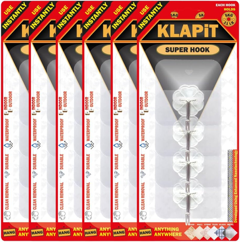 KLAPiT Super Hook Heavy Duty Adhesive, Holds 11 Pounds or 5Kg Weight, Waterproof and Damage Free for Wall, Tile, Wood, Stone, Glass, Metal, Made of Steel (Clear, 4 pc) - 24 pc Clear