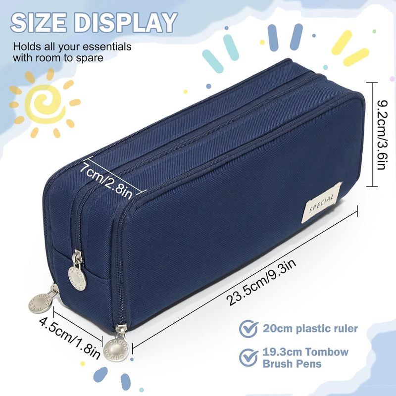 Cicimelon Pencil Case Large Capacity Pouch 3 Compartments Bag Gift For Students Girls Adults Women (Navy)