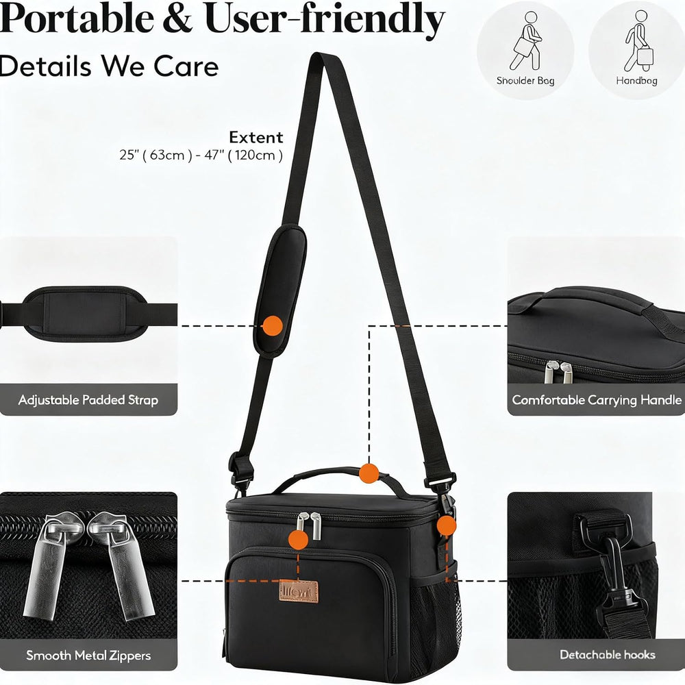 Medium Lunch Bag Insulated Lunch Box Soft Cooler Cooling Tote for Adult Men Women, Black 12-Can (9L)