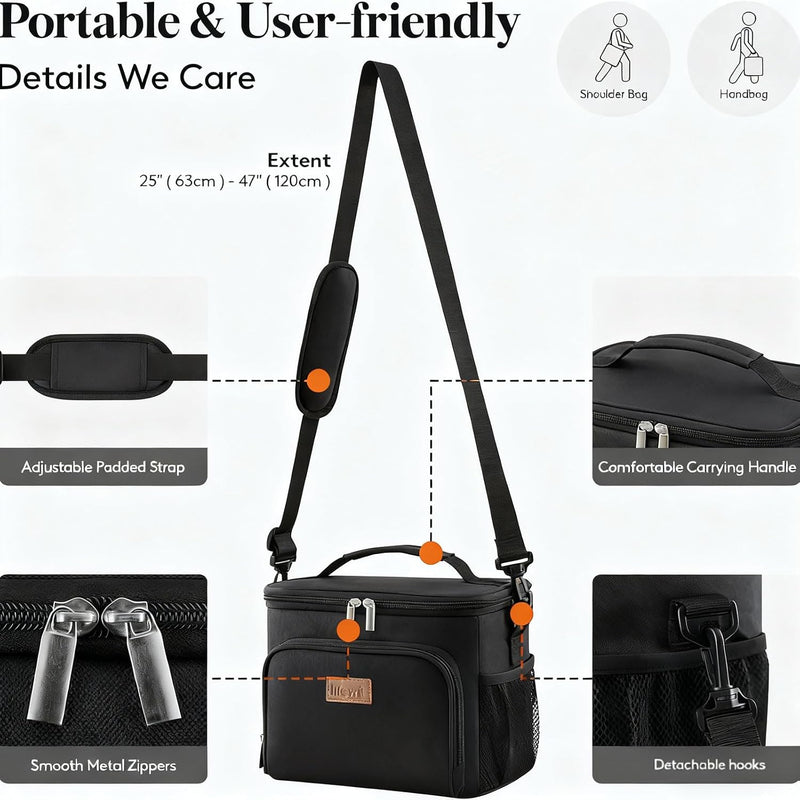 Medium Lunch Bag Insulated Lunch Box Soft Cooler Cooling Tote for Adult Men Women, Black 12-Can (9L)