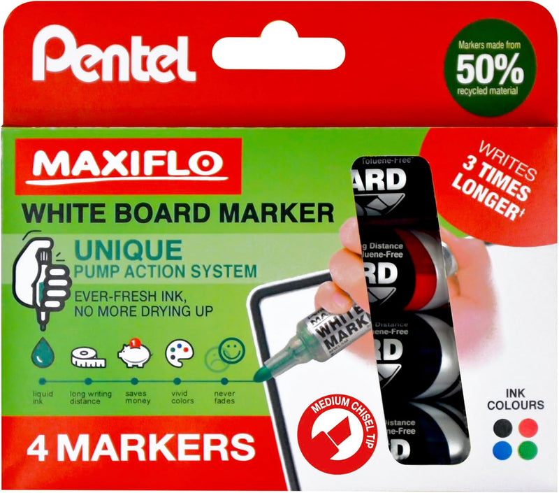 Pentel 5.7Mm Chisel Tip Wallet 4 Maxiflo White Board Liquid Ink Marker - Black/Red/Blue/Green