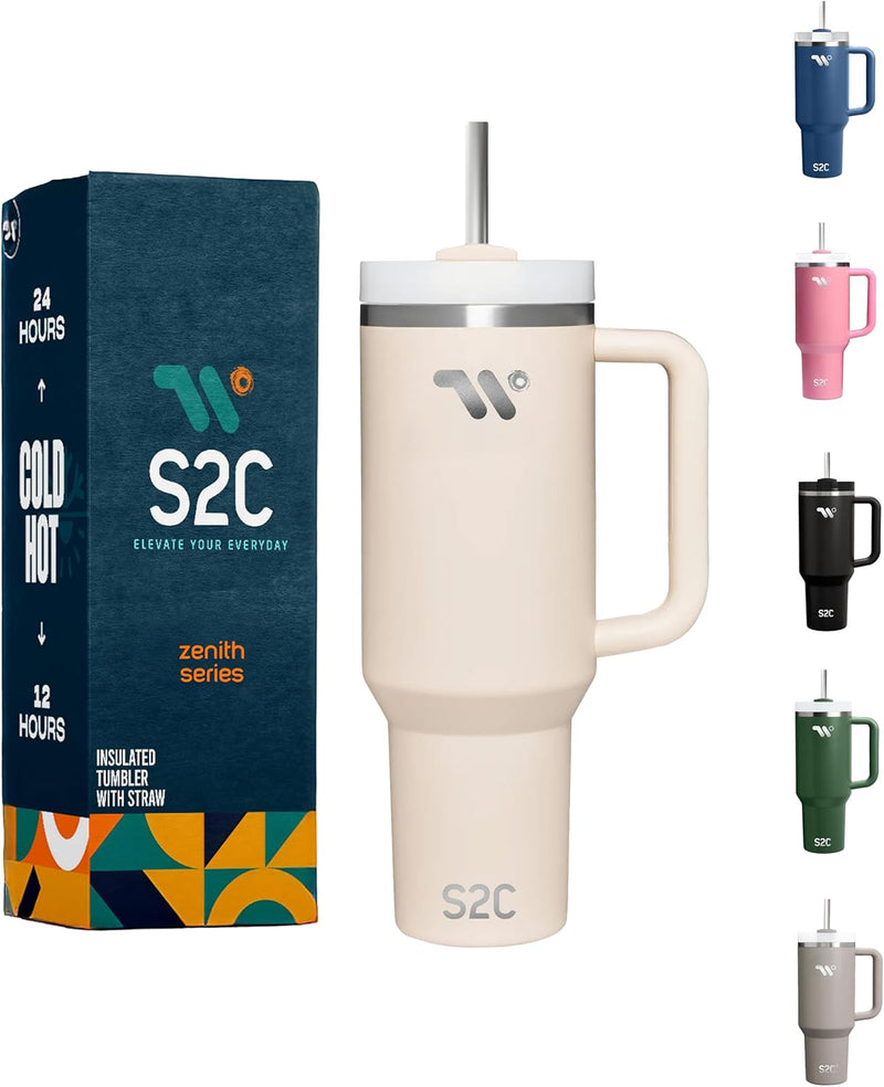 S2C 40oz Stainless Steel Tumbler with Handle & Straw – Double Wall Vacuum Insulated Mug – Leakproof, BPA-Free, Keeps Drinks Hot & Cold – Ideal for Office, Gym, Travel – Fits Car Cup Holder–(Blue)