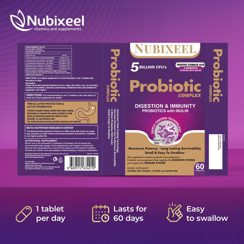 Premium Probiotic 5 Billion CFU Tablets with Prebiotics & Lactobacillus Digestive, Immune & Skin Health Support for Women & Men Gluten-Free Sugar-Free Halal Certified Gut Health