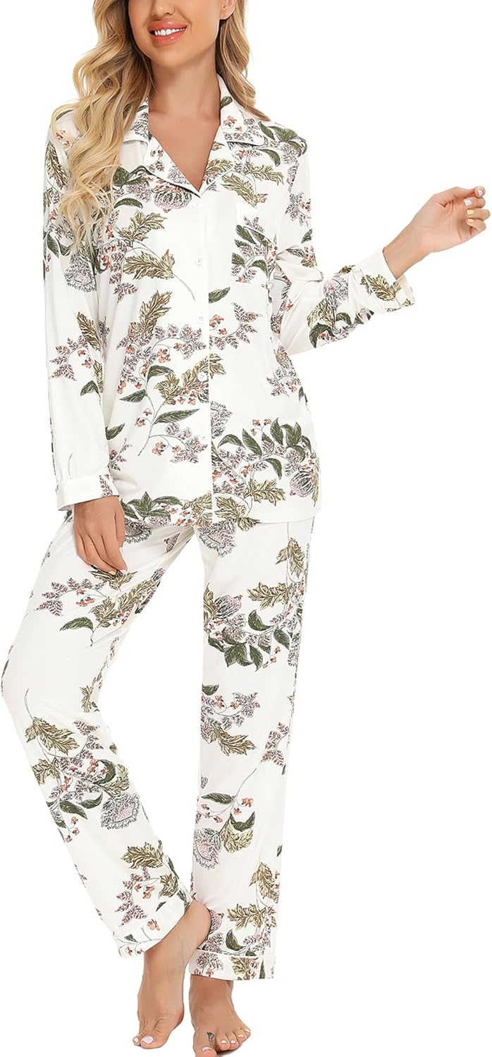 Button Up Pajama Set For Women Long Sleeve Shirt And Pajama Pants Soft Pjs Lounge Sets - Maple Flower