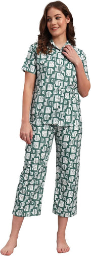 Womens Cotton Night Wear half sleeve button down collared shirt & Pyjama Set Sleepwear Night suit lounge wear - Purple