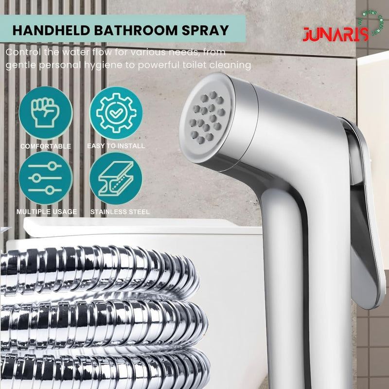 JUNARIS Handheld Bidet Sprayer Set for Toilet - شطاف تواليت Stainless Steel Shattaf with Premium Hose for Bathroom and Washroom | Chrome Shattaf Set Stainless Steel Hose (Classic)