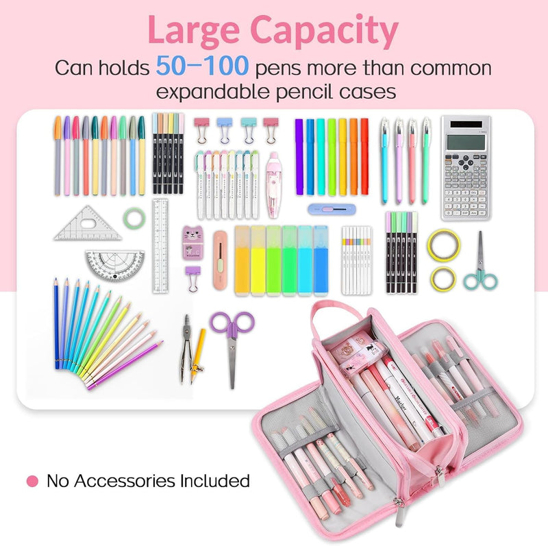 Large Pencil Case, Big Capacity Pencil Pouch Pen Bag with 3 Compartment, Portable Canvas Stationery Organizer with Zipper, Cute Aesthetic School Supplies for Teen Girls College (Pink)