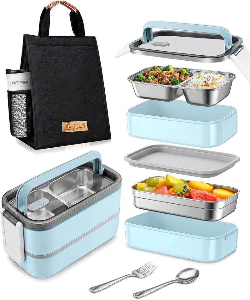 Stainless Steel Lunch Box: 1100ml 2-Layer Insulated Bento Lunch Box for Adults and kids - 304 Lunch Containers Insulated Leakproof with Tableware & Bag - Microwave & Dishwasher Safe (Khaki) - sky blue