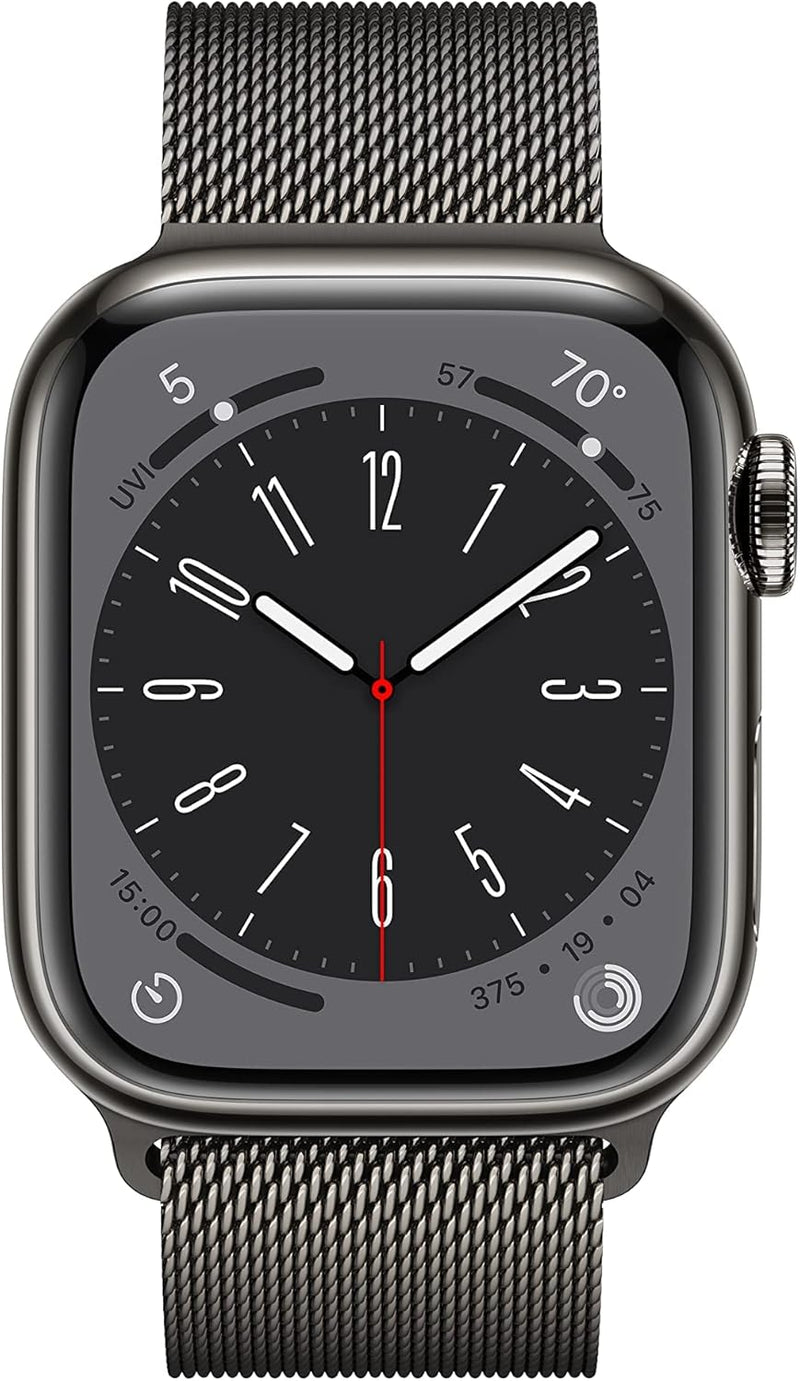 Apple New Apple Watch Series 8 (GPS + Cellular 45mm) Smart watch - Silver Stainless Steel Case with White Sport Band - Regular. Fitness Tracker, Blood Oxygen & ECG Apps, Water Resistant (Renewed)