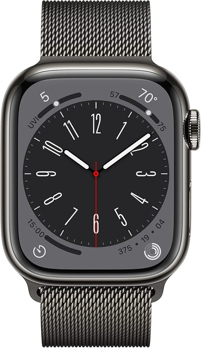Apple New Apple Watch Series 8 (GPS + Cellular 45mm) Smart watch - Silver Stainless Steel Case with White Sport Band - Regular. Fitness Tracker, Blood Oxygen & ECG Apps, Water Resistant (Renewed)