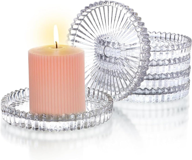 Angju Set of 6 Clear Glass Pillar Candle Holder Plates,10cm Round Glass Candle Plate, Gear Serrated Candle Tray Plates for Table Centerpieces,Party, Wedding and Home Decor