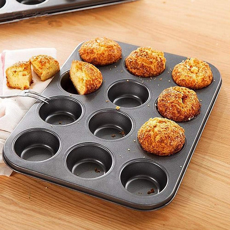 Showay Non-Stick Carbon Steel Muffin Pans - Pair Of Cupcake Cookie Sheet Pan Style For Baking, Muffin Pans W/ 12 Cups Cupcake Baking Tray (Black)