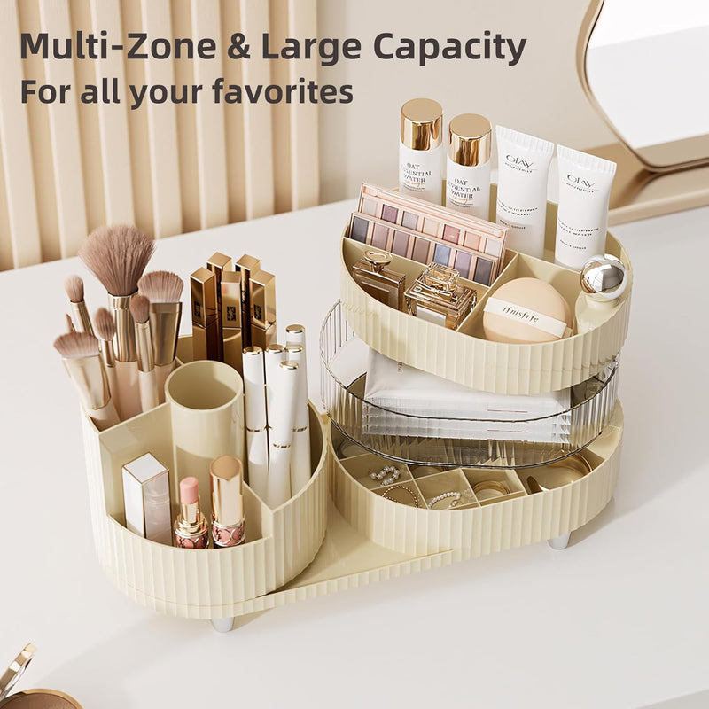 Makeup Organizer, 2025 New Rotating Makeup Organizer for Vanity, Vecolla 3 Layer Large Cosmetic Skincare Storage Organizer for Perfume,Makeup Brush Holder,Jewelry(White)
