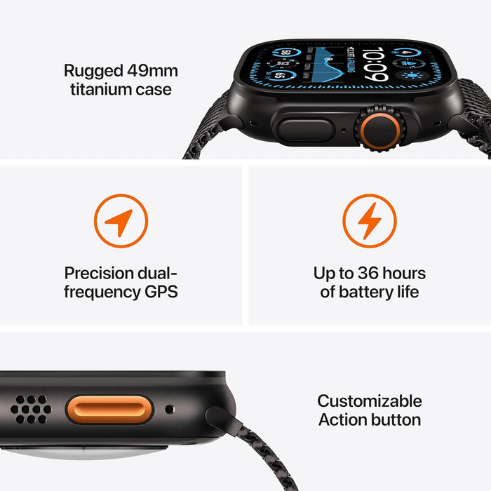 Apple Watch Ultra 2 GPS + Cellular 49mm Smartwatch, Sports Watch with Natural Rugged Titanium Case with Navy Ocean Band. Fitness Tracker, Precision GPS, Extra-Long Battery Life (Renewed)