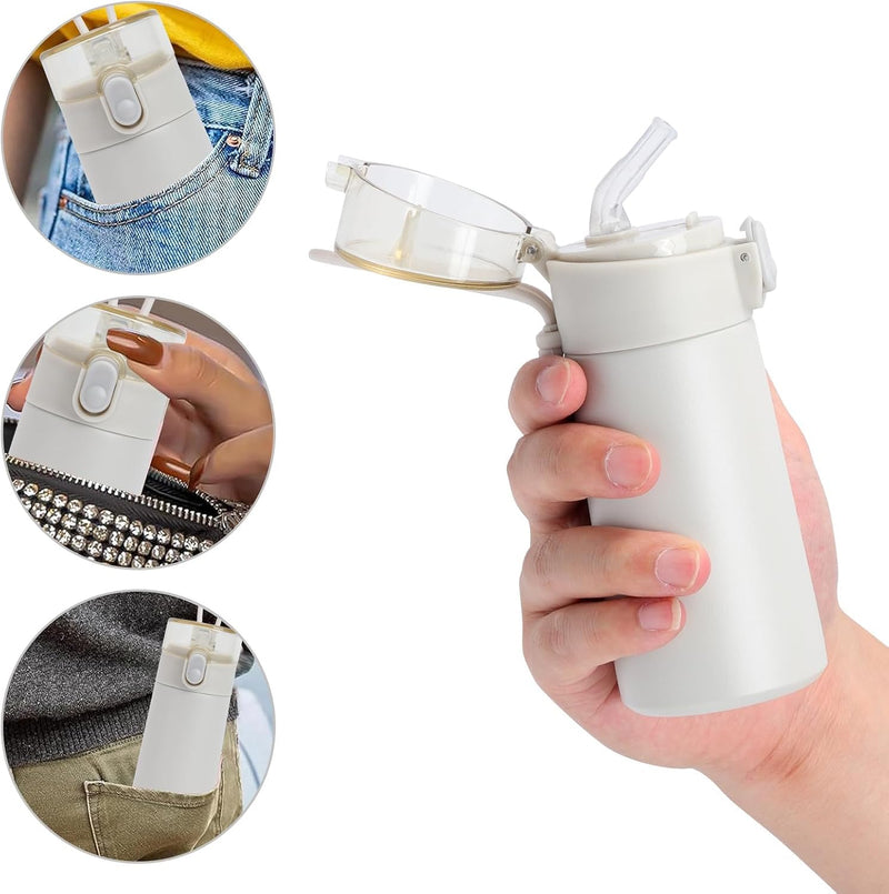 Small Water Bottle with Straw, Mini Thermos Flask, for Hot and Cold Drinks, Leak-Proof Lid, Stainless Steel, One-Hand Open, 150ml, Portable for Coffee, Milk, Juice, White