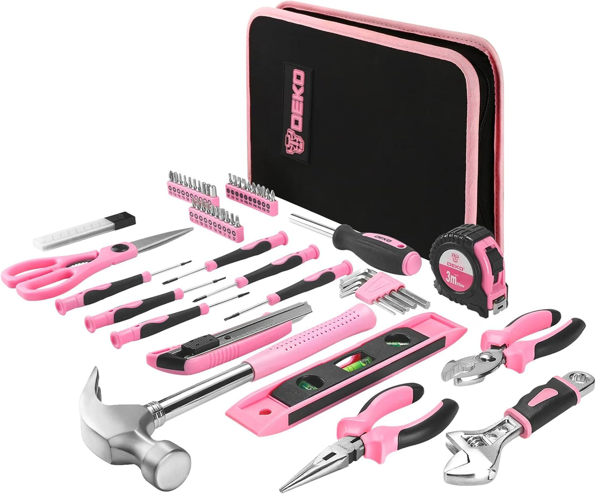 DEKO Pink Tool Set 110 Piece Household Tool Kit,Ladies Portable Tool Set with Easy Carrying Pouch, Perfect for DIY Projects, Home Maintenance – image 1
