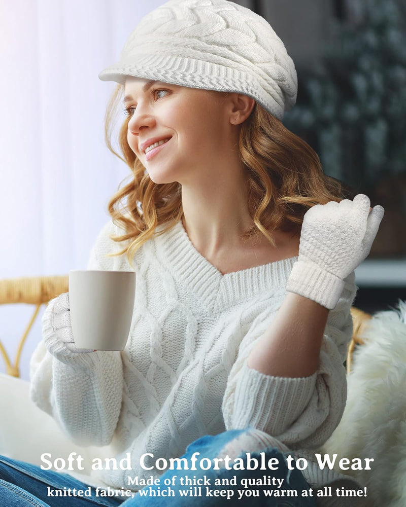 4 Pieces Women Winter Hat and Glove Set, Warm Knitted Beanie Hat Glove Snow Ski Skull Cap with Visor and Touchscreen Glove