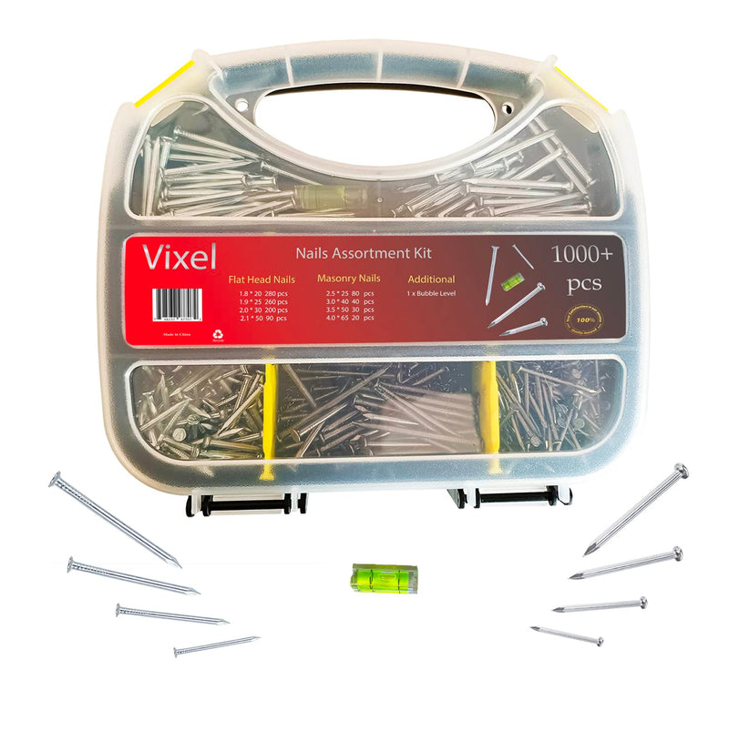 VIXEL 1000+ pcs of Flat Head and Masonry Concrete Nails Assortment Kit with Level Gauge included