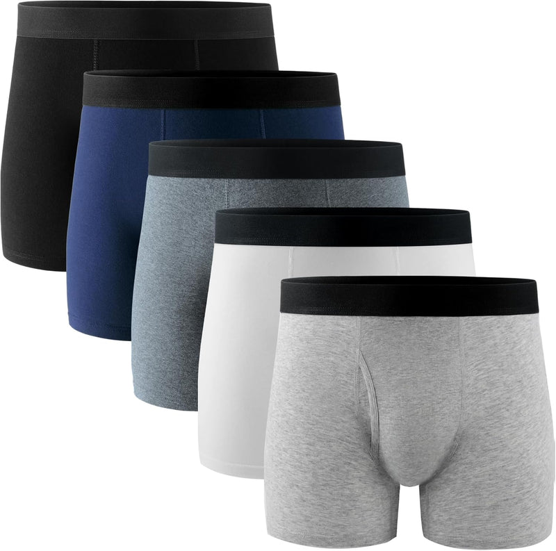 Mens Underwear Cotton Boxer Briefs with Fly 5 Pack - Basic Color