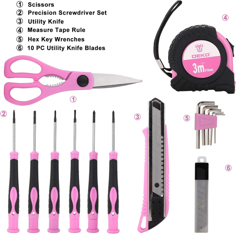 DEKO Pink Tool Set 110 Piece Household Tool Kit,Ladies Portable Tool Set with Easy Carrying Pouch, Perfect for DIY Projects, Home Maintenance