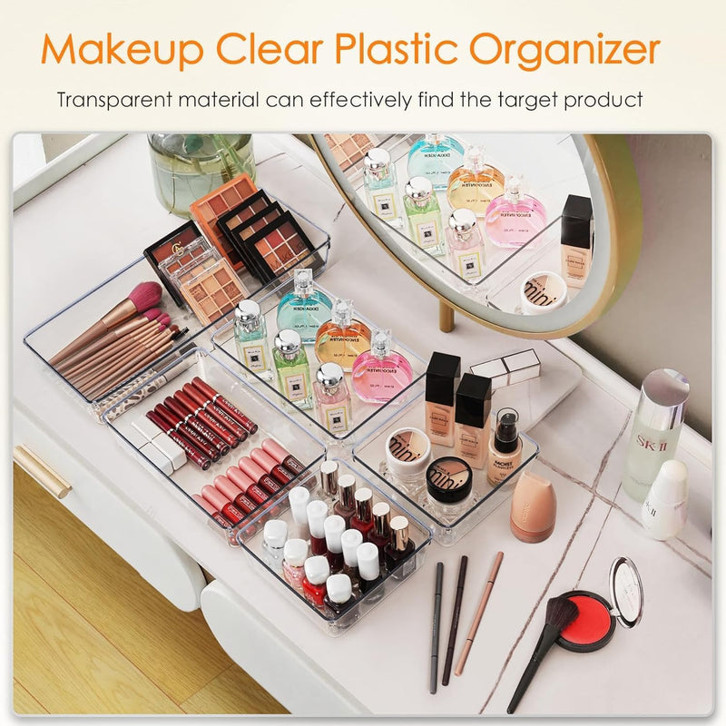 Purfex 10 Pack Drawer Organiser Trays, Large Clear Plastic Drawer Organizers Set 3 Size for Bathroom ,Vanity, Storage Bins ,Makeup, Bedroom, Kitchen Cupboard, Gadgets & Utensils